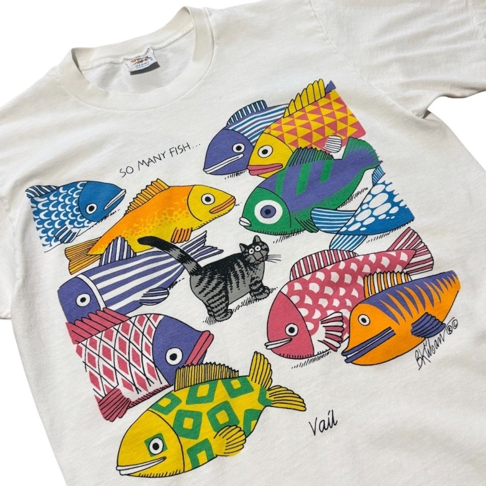 Vintage 90s Crazy Shirts B. Kliban Cat So Many Fish Nature Art Graphic T-shirt - Picture 9 of 9